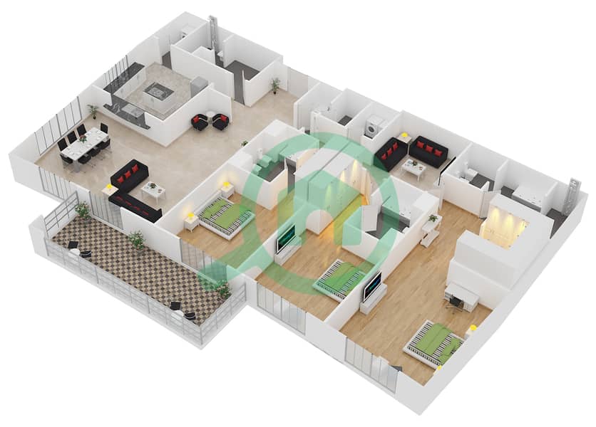 Dream Palm Residence - 3 Bedroom Apartment Type 2 Floor plan interactive3D