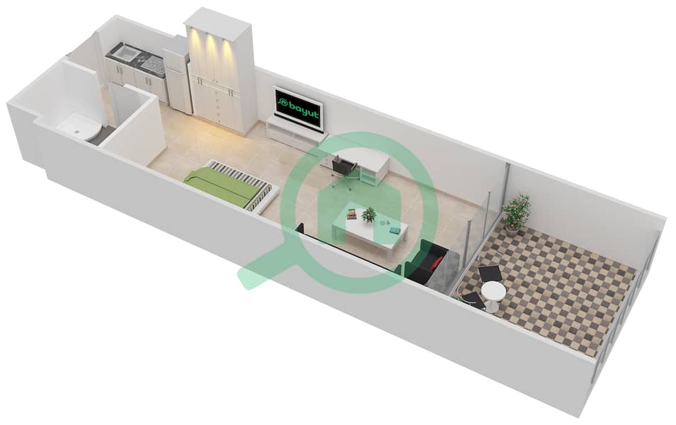 المخططات الطابقية لتصميم النموذج B شقة استوديو - بالم فيوز الشرق interactive3D
