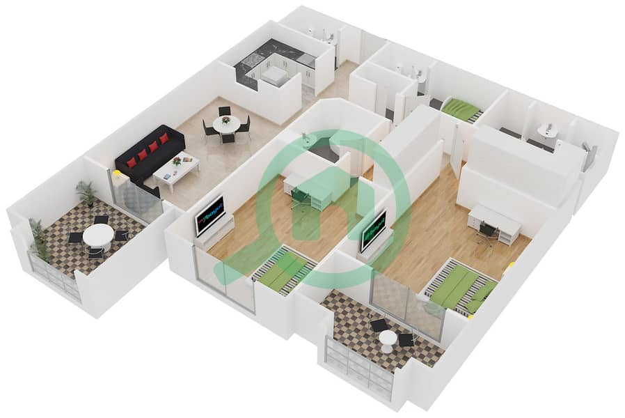 孔雀王朝公寓大楼 - 2 卧室公寓类型5戶型图 interactive3D