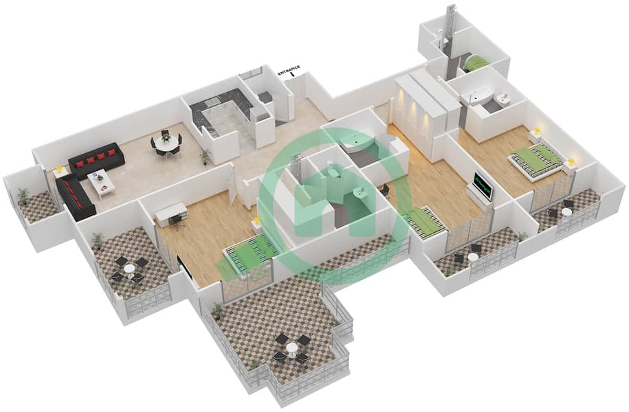 المخططات الطابقية لتصميم النموذج 1 شقة 3 غرف نوم - ماوريا interactive3D