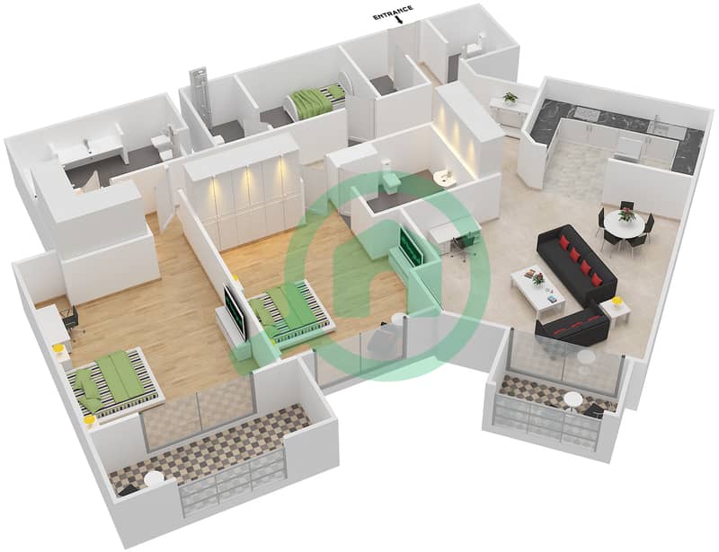 Maurya - 2 Bedroom Apartment Type 1 Floor plan interactive3D