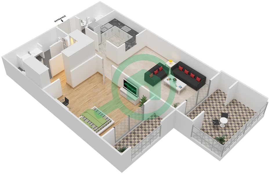 Маурья - Апартамент 1 Спальня планировка Тип 1 interactive3D