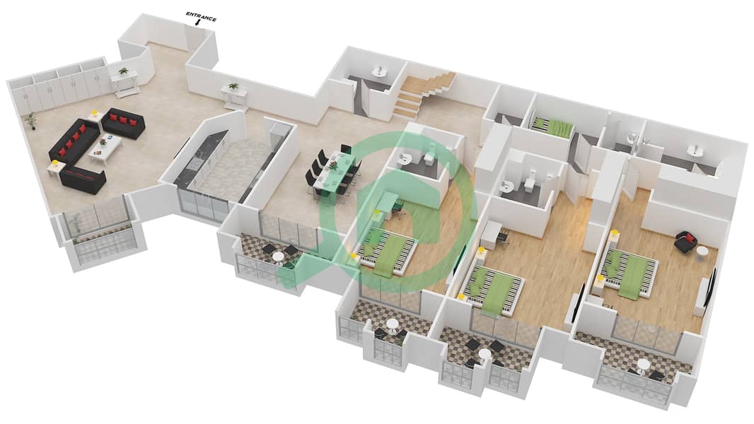 孔雀王朝公寓大楼 - 3 卧室公寓类型3戶型图 interactive3D