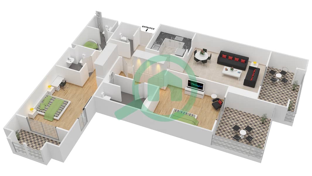 المخططات الطابقية لتصميم النموذج 3 شقة 2 غرفة نوم - ماوريا interactive3D