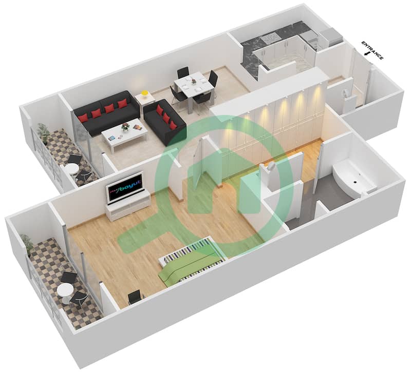 المخططات الطابقية لتصميم النموذج 2 شقة 1 غرفة نوم - ماوريا interactive3D