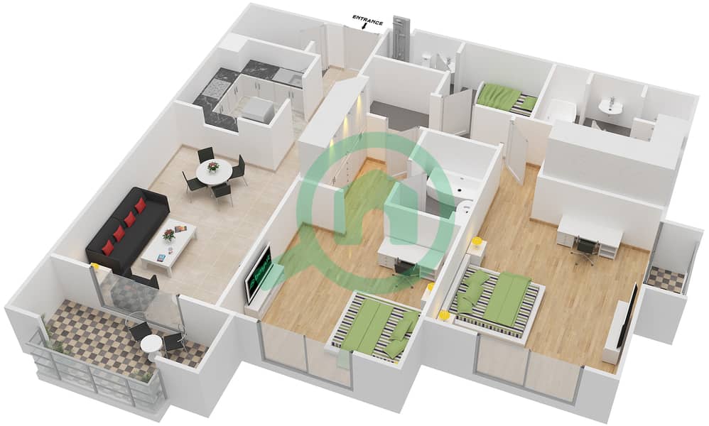 孔雀王朝公寓大楼 - 2 卧室公寓类型4戶型图 interactive3D