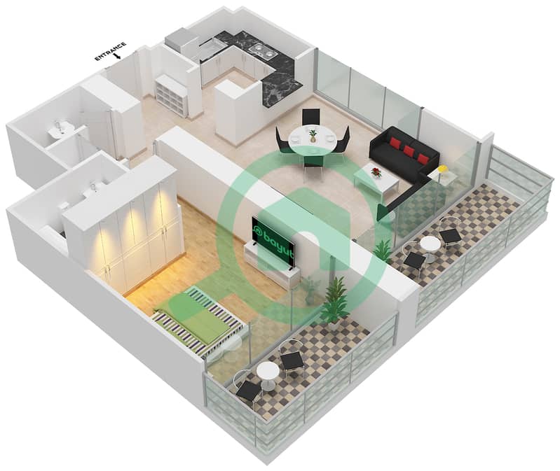 المخططات الطابقية لتصميم الوحدة 4 FLOOR 2-12 شقة 1 غرفة نوم - بوليفارد كريسنت 1 interactive3D