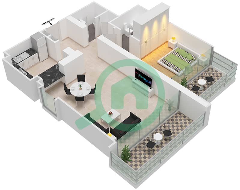 المخططات الطابقية لتصميم الوحدة 5 FLOOR 2-12 شقة 1 غرفة نوم - بوليفارد كريسنت 1 5 Floor 2-12 interactive3D