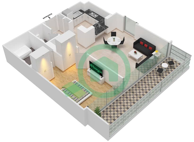 المخططات الطابقية لتصميم الوحدة 5 FLOOR 13-20,22-37 شقة 1 غرفة نوم - بوليفارد كريسنت 1 5 Floor 13-20,22-37 interactive3D
