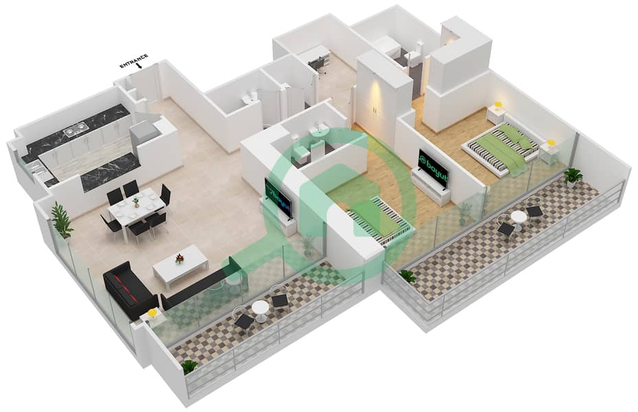 المخططات الطابقية لتصميم الوحدة 3 FLOOR 2-12 شقة 2 غرفة نوم - بوليفارد كريسنت 1 interactive3D