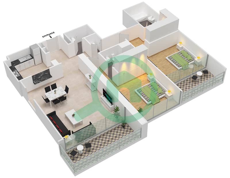 المخططات الطابقية لتصميم الوحدة 4 FLOOR 13-20,22-37 شقة 2 غرفة نوم - بوليفارد كريسنت 1 4 Floor 13-20,22-37 interactive3D
