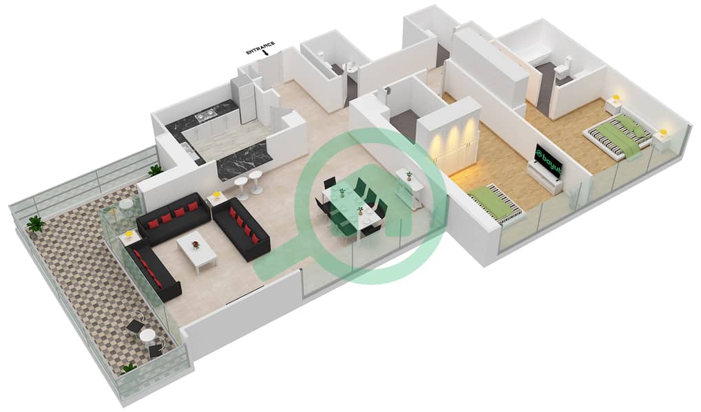 المخططات الطابقية لتصميم الوحدة 7 FLOOR 2-12 شقة 2 غرفة نوم - بوليفارد كريسنت 1 7 Floor 2-12 interactive3D