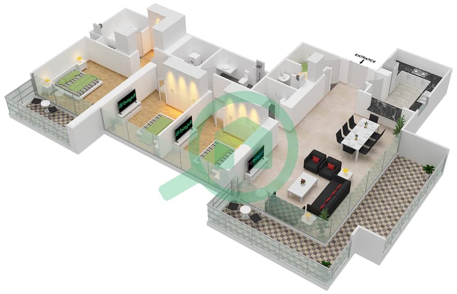 المخططات الطابقية لتصميم الوحدة 1 FLOOR 2-9,11-20,22-29 شقة 3 غرف نوم - بوليفارد كريسنت 1 Unit 1 Floor 2-9,11-20,22-29,31-37 interactive3D