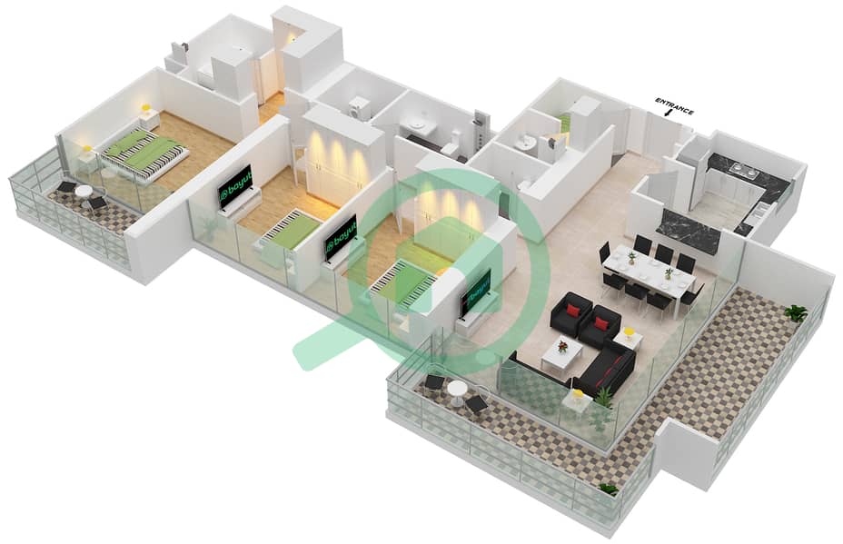 المخططات الطابقية لتصميم الوحدة 1 FLOOR 10-30 شقة 3 غرف نوم - بوليفارد كريسنت 1 interactive3D
