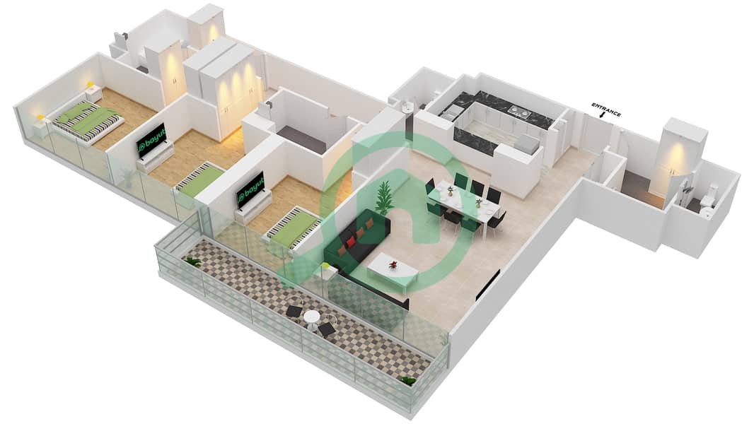 Бульвар Кресцент Тауэр 1 - Апартамент 3 Cпальни планировка Единица измерения 2 FLOOR 2-20 interactive3D