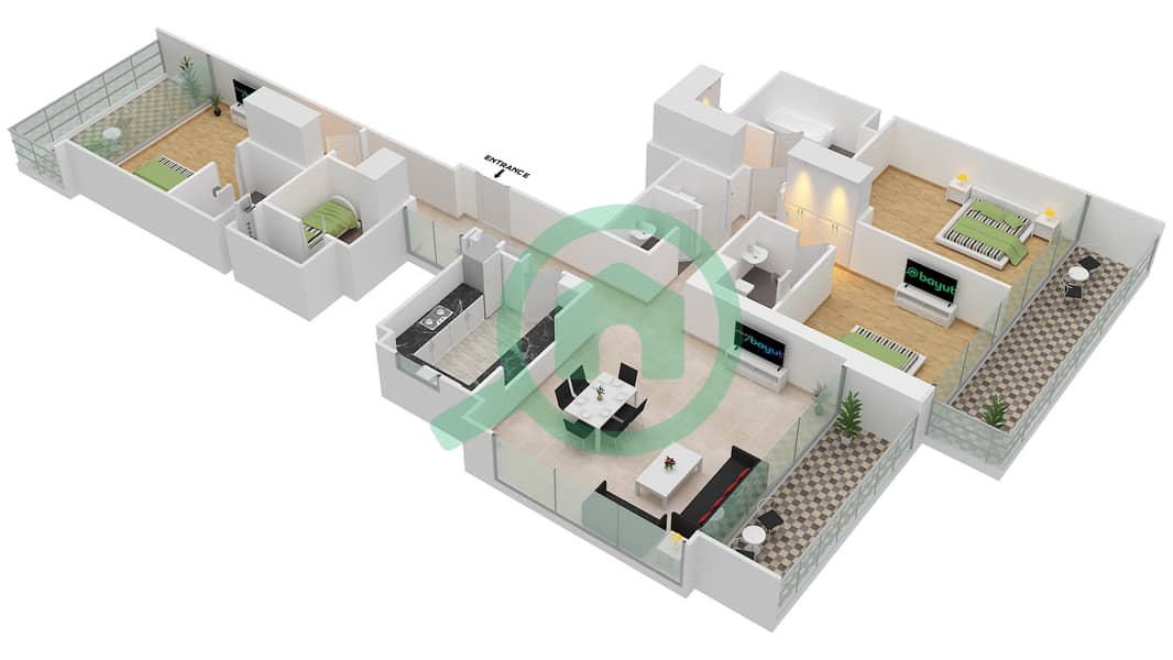 المخططات الطابقية لتصميم الوحدة 3 FLOOR 13-20,22-37 شقة 3 غرف نوم - بوليفارد كريسنت 1 Unit 3 Floor 13-20,22-37 interactive3D