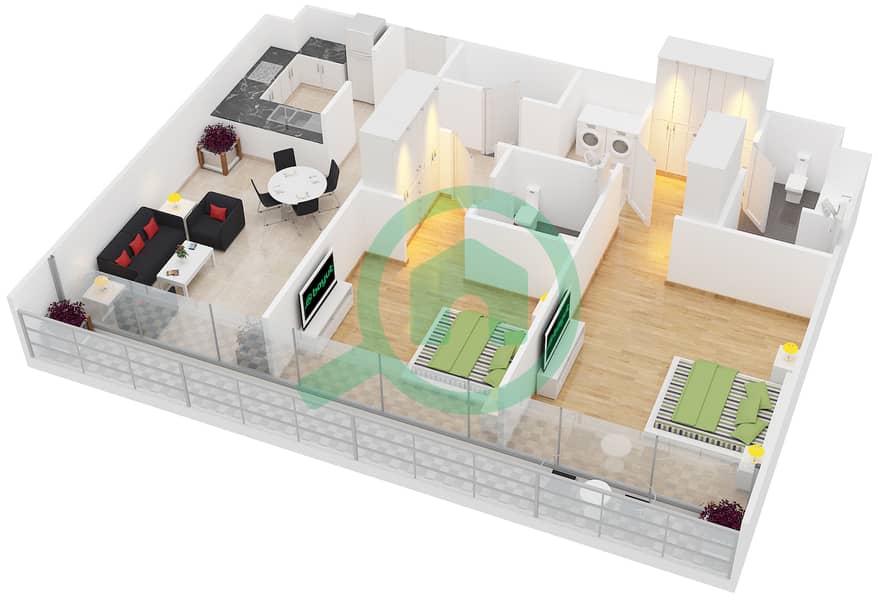 Se7en Residences - 2 Bedroom Apartment Type 2 Floor plan interactive3D