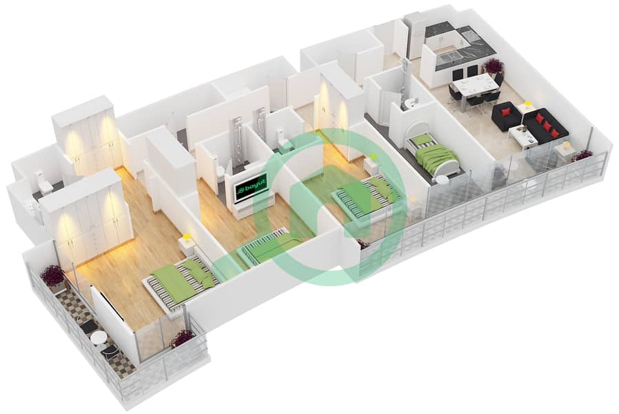 المخططات الطابقية لتصميم النموذج 3 شقة 3 غرف نوم - سيفين بالم interactive3D