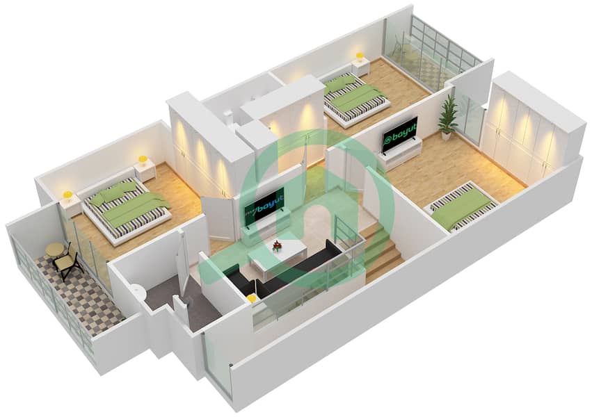 阿拉贝拉2区 - 3 卧室联排别墅类型／单位A/MIDDLE戶型图 interactive3D