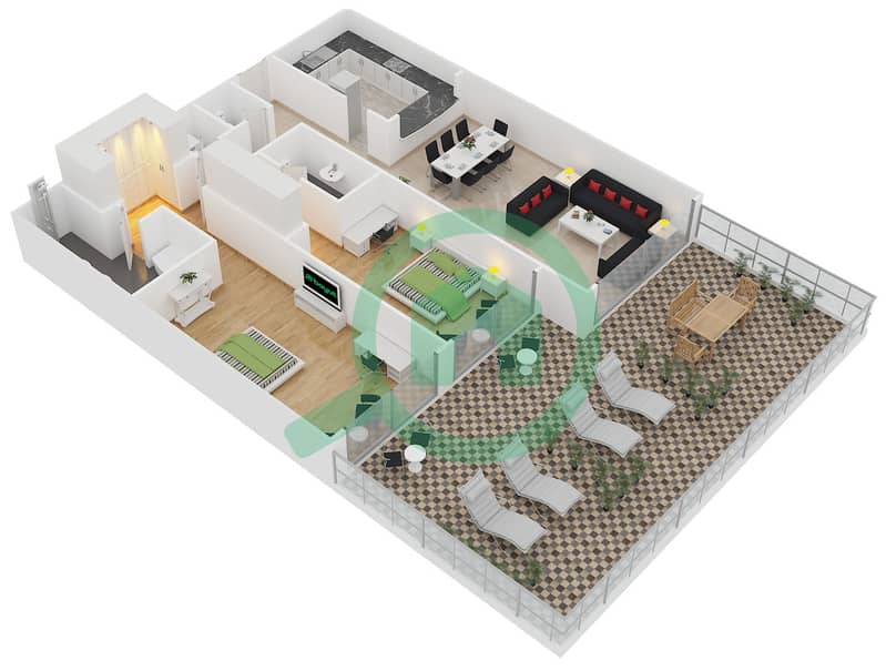 المخططات الطابقية لتصميم الوحدة A3 شقة 2 غرفة نوم - كمبينسكي نخلة جميرا interactive3D