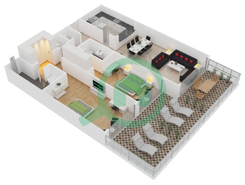 凯宾斯基棕榈公寓 - 2 卧室公寓单位A1戶型图 interactive3D