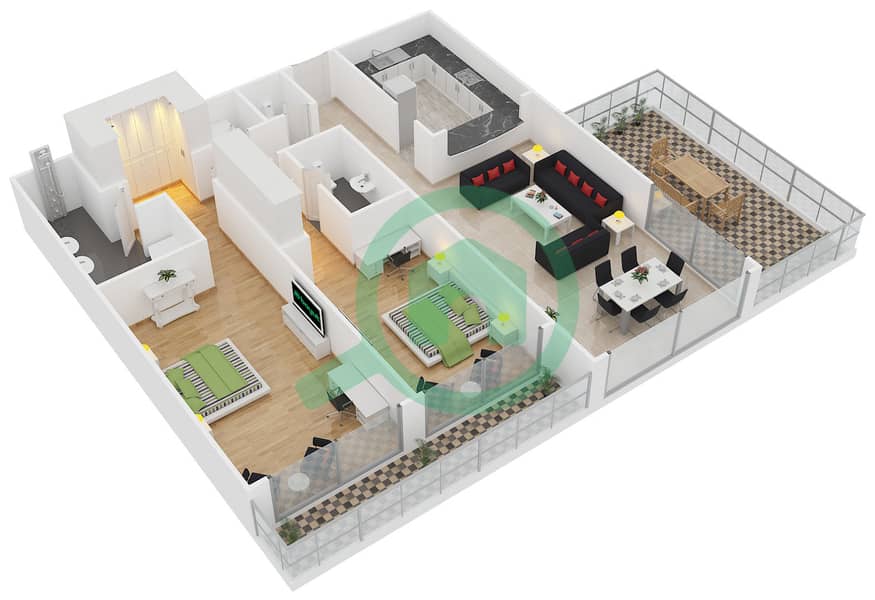 凯宾斯基棕榈公寓 - 2 卧室公寓单位A5戶型图 interactive3D