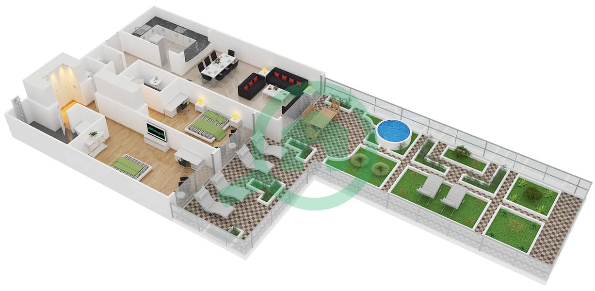 المخططات الطابقية لتصميم الوحدة A6 شقة 2 غرفة نوم - كمبينسكي نخلة جميرا interactive3D