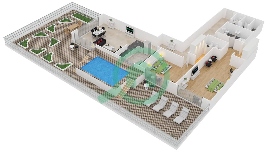 المخططات الطابقية لتصميم الوحدة A7 شقة 2 غرفة نوم - كمبينسكي نخلة جميرا interactive3D