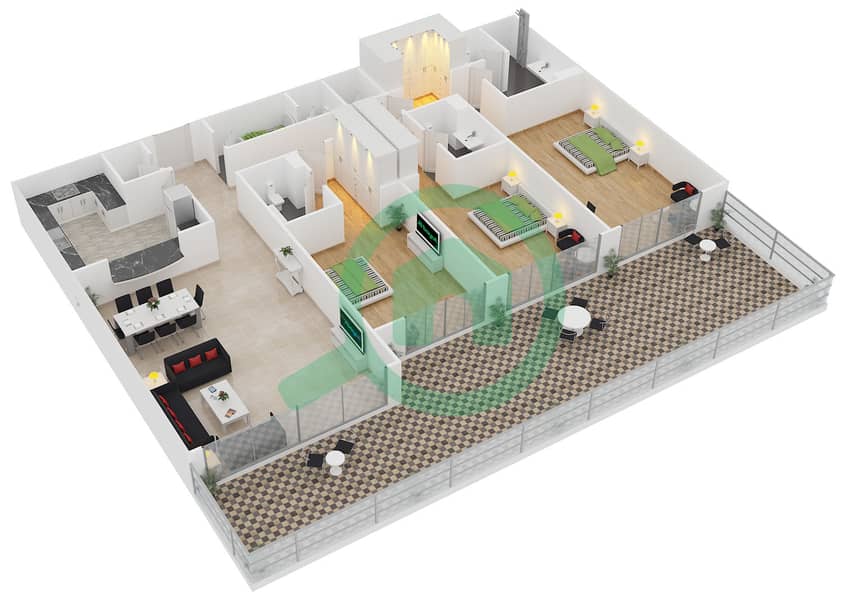 凯宾斯基棕榈公寓 - 3 卧室公寓单位D1戶型图 interactive3D