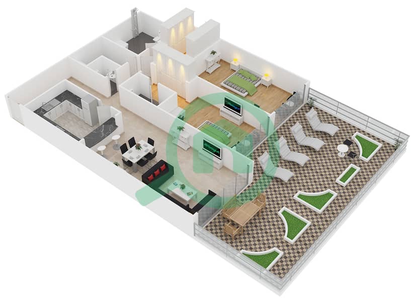 凯宾斯基棕榈公寓 - 2 卧室公寓单位A8戶型图 interactive3D