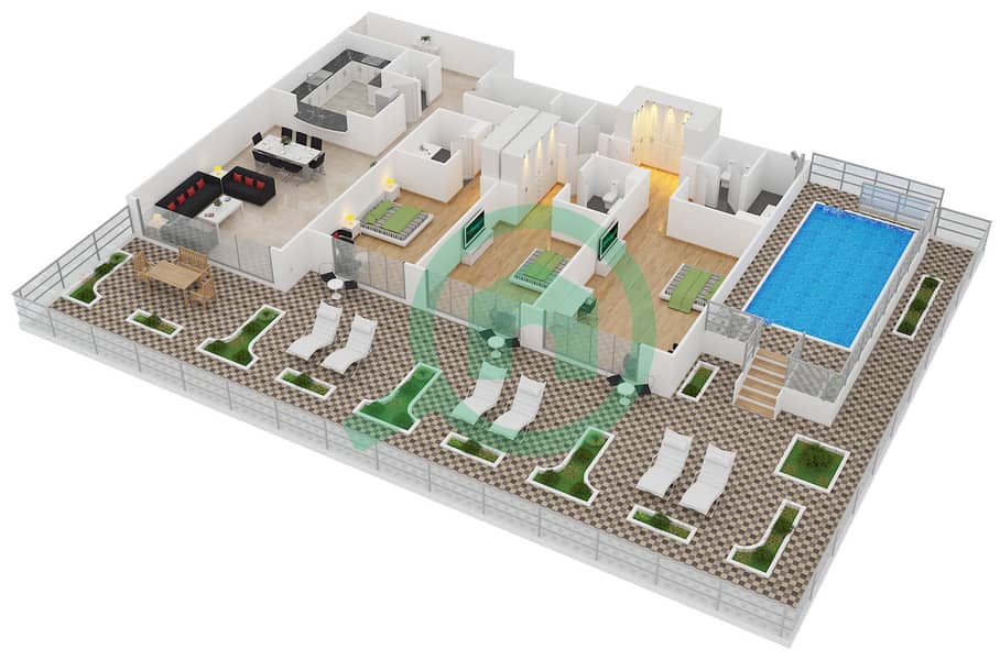المخططات الطابقية لتصميم الوحدة D4 شقة 3 غرف نوم - كمبينسكي نخلة جميرا interactive3D