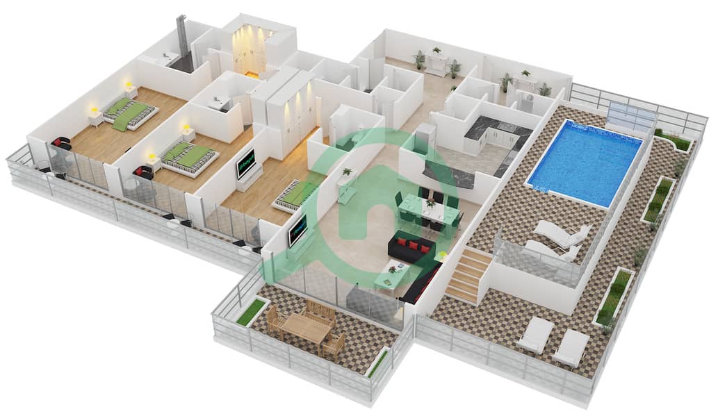 المخططات الطابقية لتصميم الوحدة D5 شقة 3 غرف نوم - كمبينسكي نخلة جميرا interactive3D