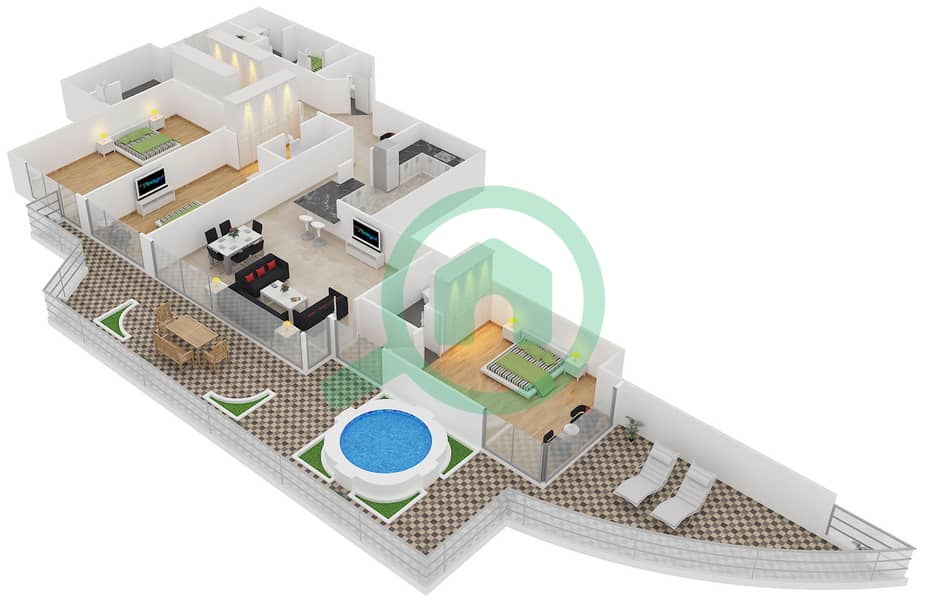 凯宾斯基棕榈公寓 - 3 卧室公寓单位G戶型图 interactive3D