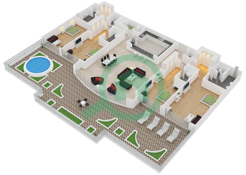 المخططات الطابقية لتصميم الوحدة PH1 بنتهاوس 4 غرف نوم - كمبينسكي نخلة جميرا interactive3D