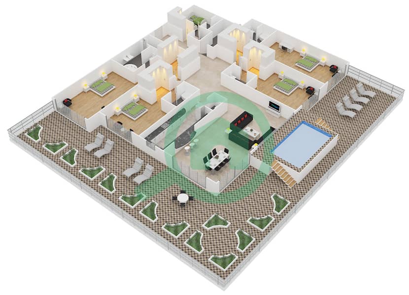 المخططات الطابقية لتصميم الوحدة F2 شقة 4 غرف نوم - كمبينسكي نخلة جميرا interactive3D