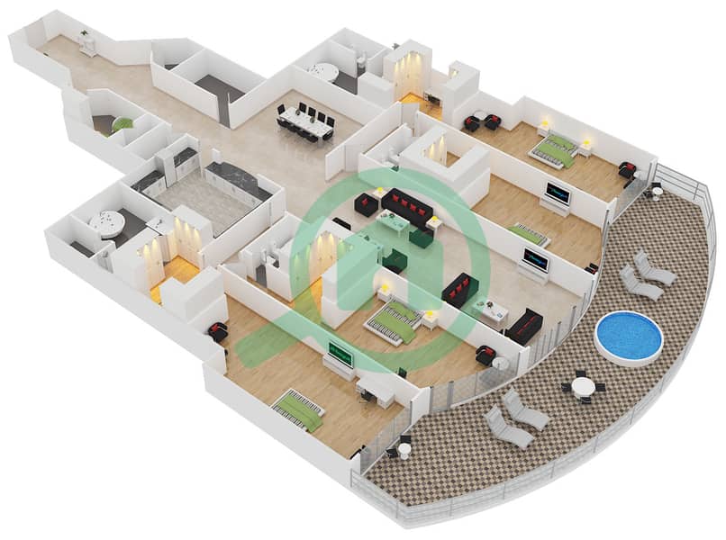 المخططات الطابقية لتصميم الوحدة H2 شقة 4 غرف نوم - كمبينسكي نخلة جميرا interactive3D