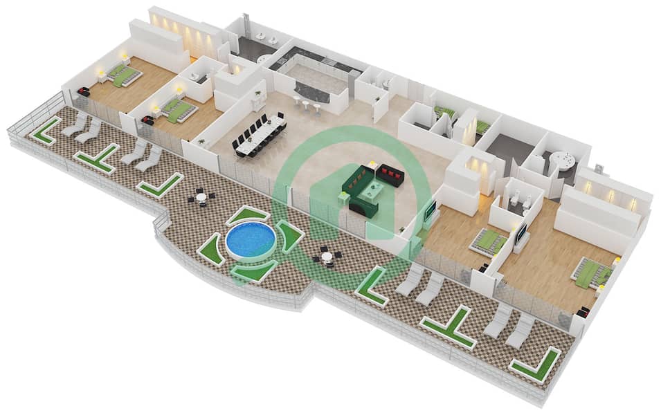 المخططات الطابقية لتصميم الوحدة PH8 بنتهاوس 4 غرف نوم - كمبينسكي نخلة جميرا interactive3D