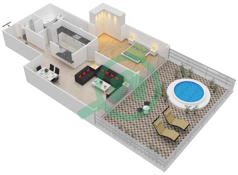 المخططات الطابقية لتصميم الوحدة B2 شقة 1 غرفة نوم - كمبينسكي نخلة جميرا interactive3D