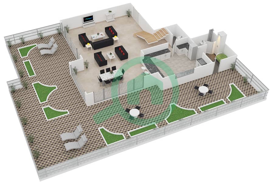 المخططات الطابقية لتصميم الوحدة PH9 بنتهاوس 3 غرف نوم - كمبينسكي نخلة جميرا interactive3D