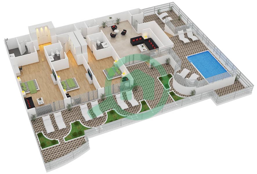 凯宾斯基棕榈公寓 - 3 卧室顶楼公寓单位PH9戶型图 interactive3D