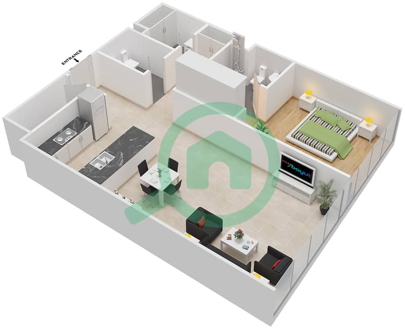 المخططات الطابقية لتصميم الوحدة 3 GROUND FLOOR شقة 1 غرفة نوم - مساكن سيرينيا الجناح الشرقي Garden Apartment interactive3D