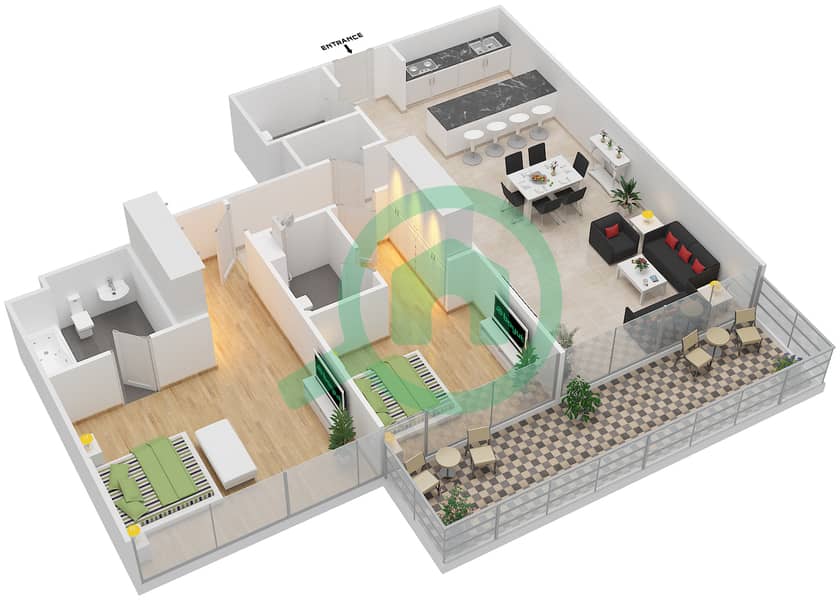 Серения Резиденсес Ист Винг - Апартамент 2 Cпальни планировка Единица измерения 4 FLOOR 1 interactive3D