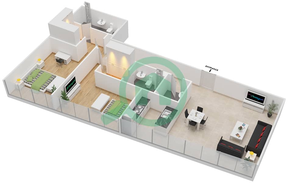المخططات الطابقية لتصميم الوحدة 2 GROUND FLOOR شقة 2 غرفة نوم - مساكن سيرينيا الجناح الشرقي Garden Apartment interactive3D