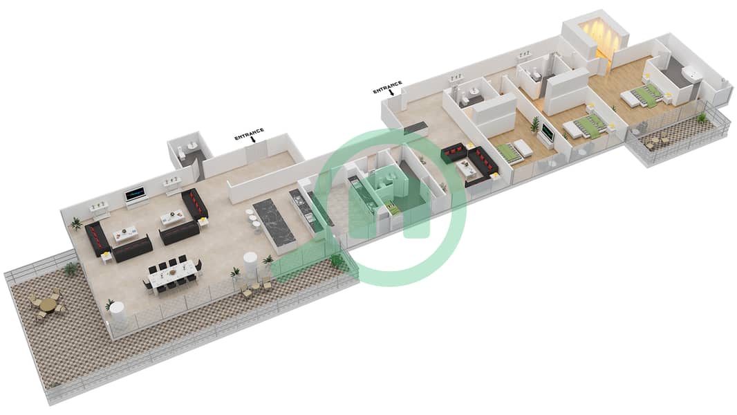 Serenia Residences East Wing - 3 Bedroom Penthouse Unit 1 FLOOR 2-8 Floor plan interactive3D