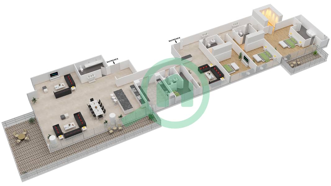 المخططات الطابقية لتصميم الوحدة 1 FLOOR 1 بنتهاوس 3 غرف نوم - مساكن سيرينيا الجناح الشرقي interactive3D