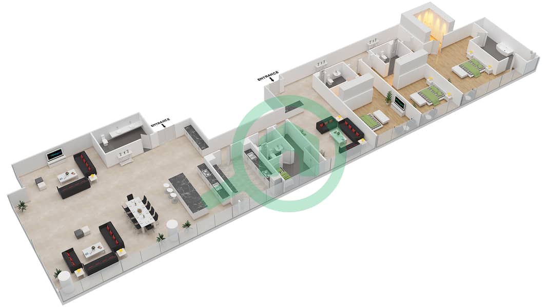 المخططات الطابقية لتصميم الوحدة 1 GROUND FLOOR بنتهاوس 3 غرف نوم - مساكن سيرينيا الجناح الشرقي interactive3D