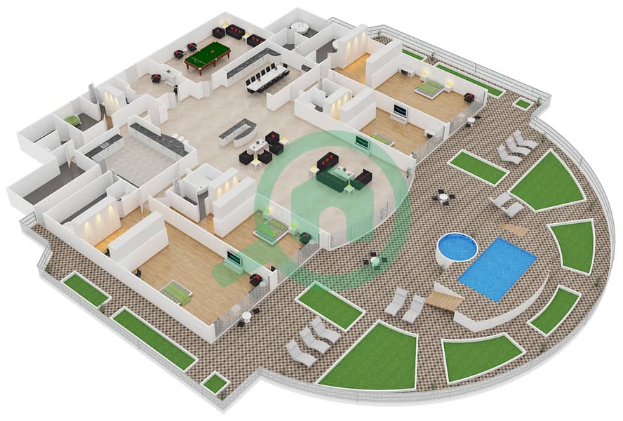 凯宾斯基棕榈公寓 - 4 卧室顶楼公寓单位PH11戶型图 interactive3D