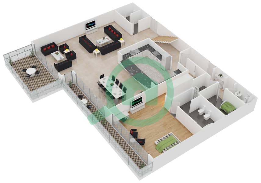 المخططات الطابقية لتصميم الوحدة PH10 بنتهاوس 6 غرف نوم - كمبينسكي نخلة جميرا interactive3D