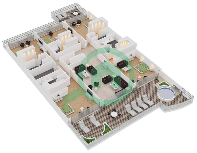 المخططات الطابقية لتصميم الوحدة PH10 بنتهاوس 6 غرف نوم - كمبينسكي نخلة جميرا interactive3D