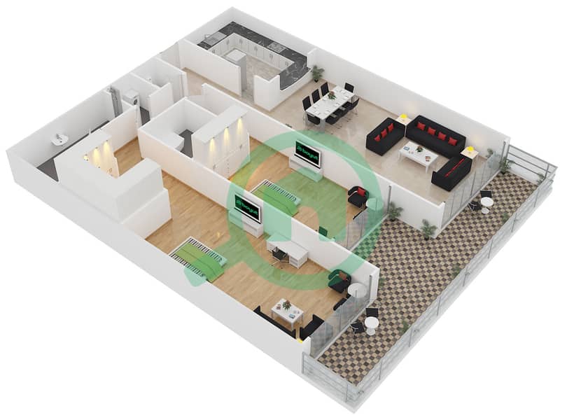 المخططات الطابقية لتصميم الوحدة A2.1 شقة 2 غرفة نوم - كمبينسكي نخلة جميرا interactive3D